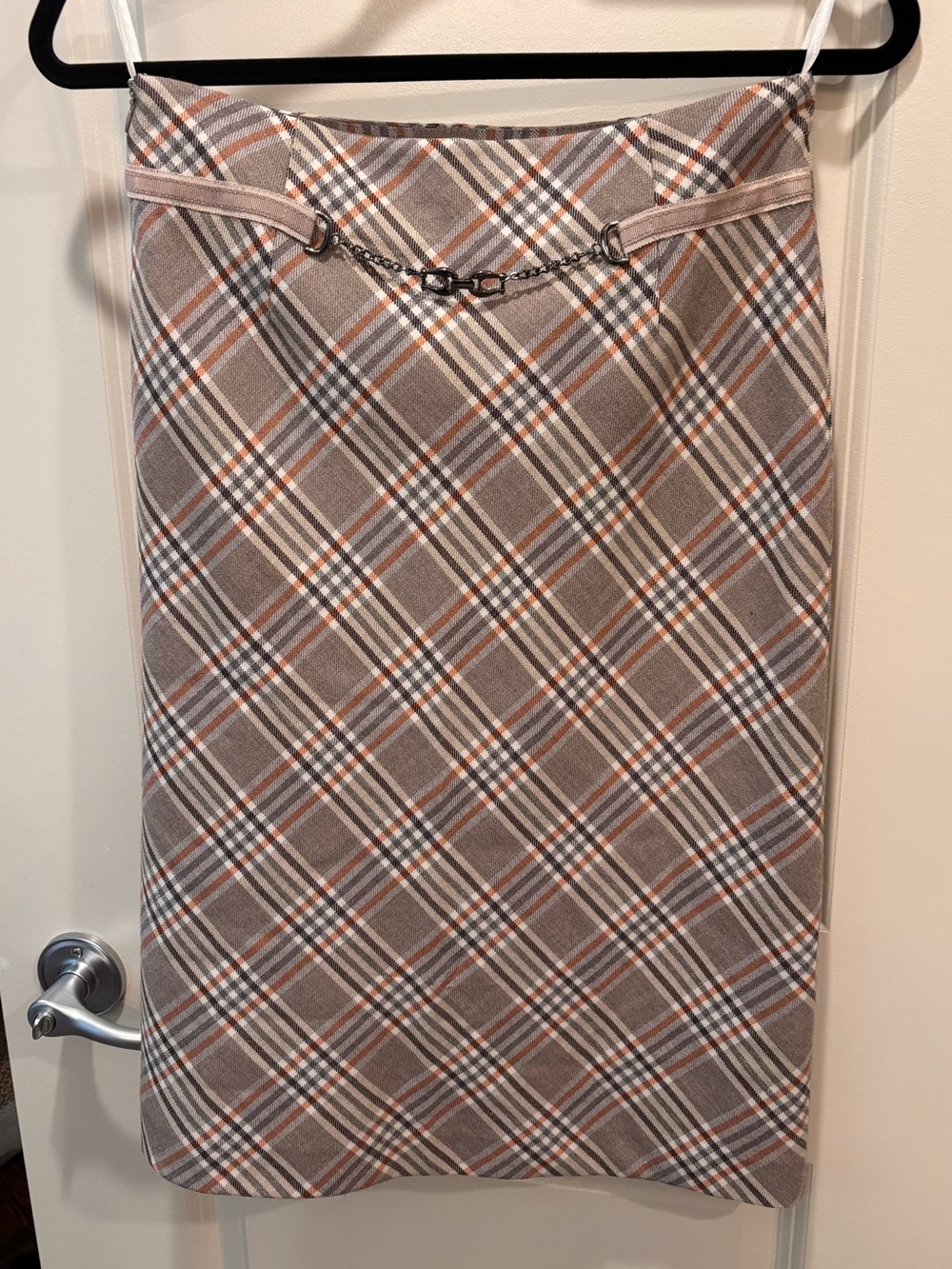 Plaid A-Line Skirt with Chain Detail - Brown Multi